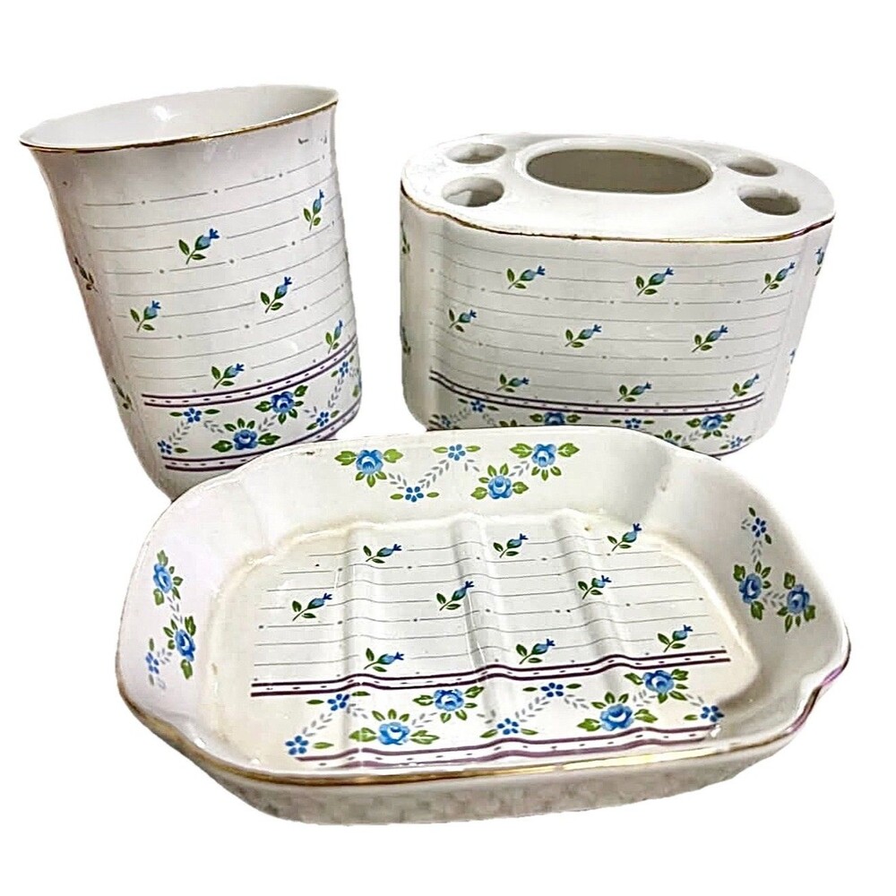 Vintage Ceramic Bathroom Set Blue Floral Soap Dish Cup Toothbrush Holder Cottage